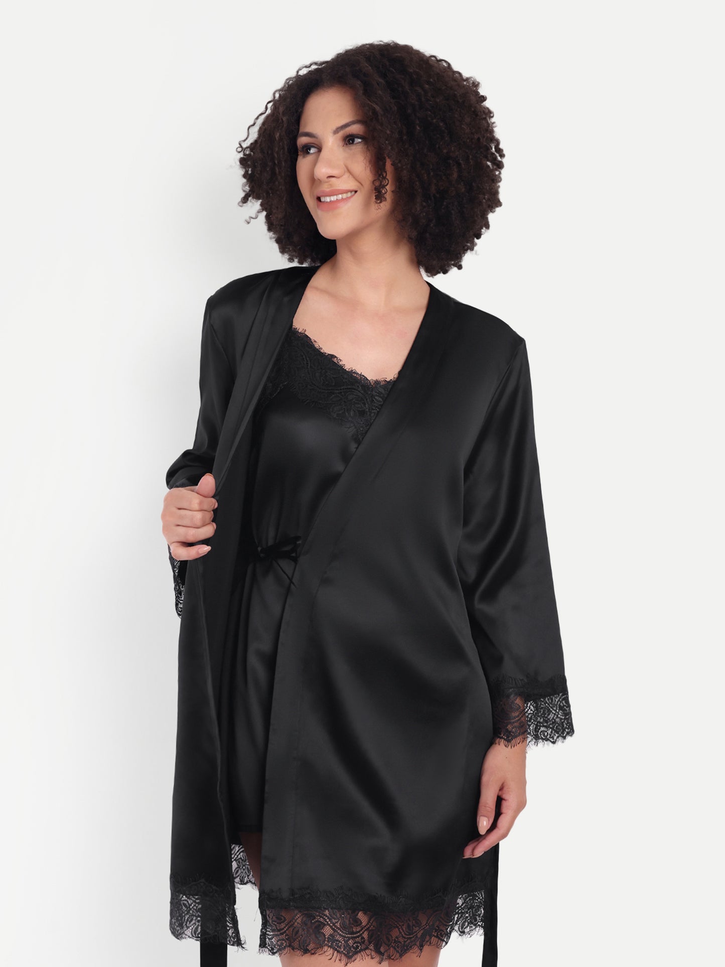 Verse Kimono-Dress Sleep Set in Black