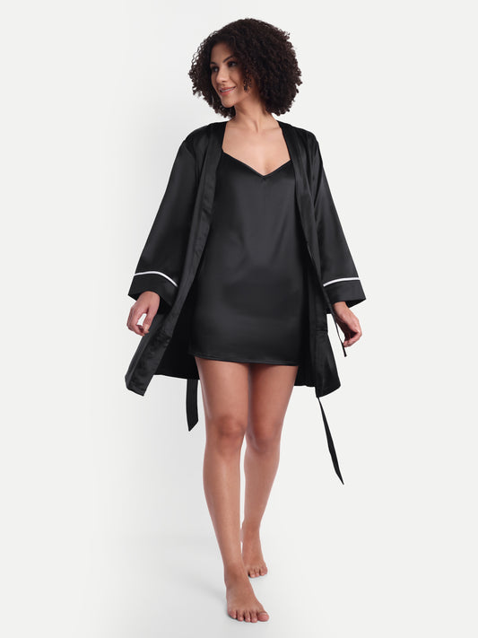 Sonnet Kimono-Dress Sleep Set in Black