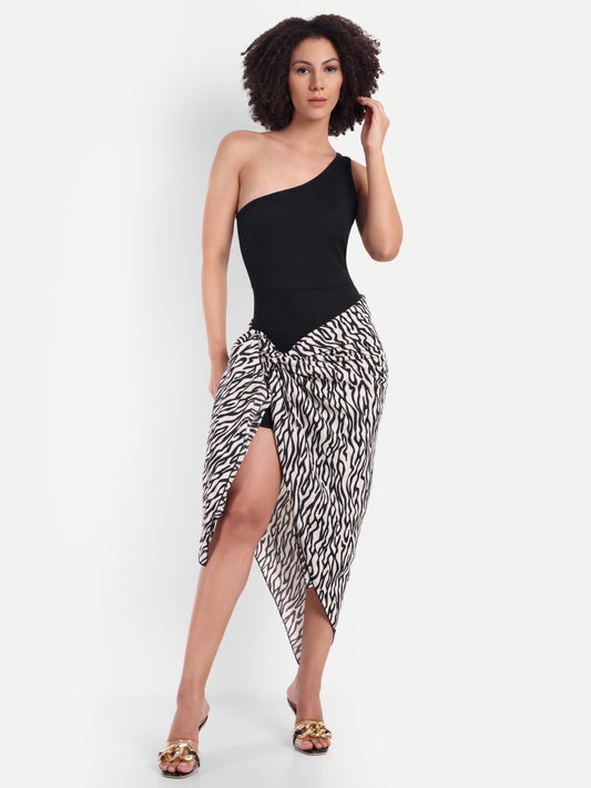 Elle Thigh Length Swimsuit in black with Sarong